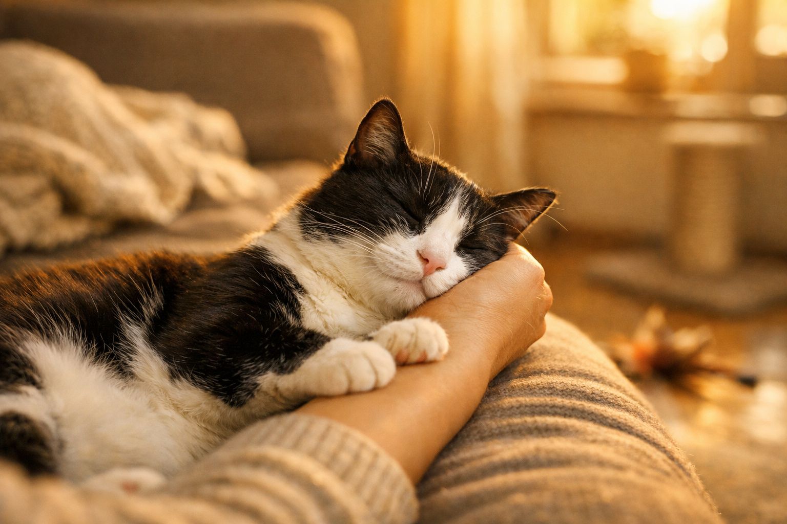 Gato preto e branco a dormir tranquilamente com a cabeça apoiada no braço de uma pessoa numa sala acolhedora.