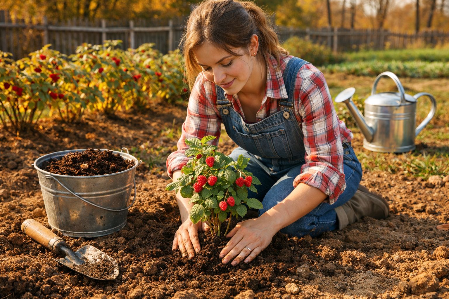 Mulher a plantar morangueiro num jardim, rodeada de terra, regador e balde com terra.