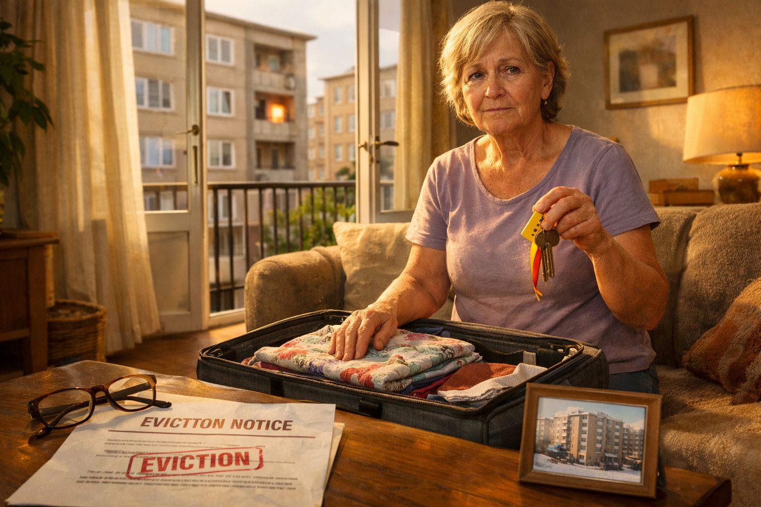 Mulher sénior sentada com chave na mão, mala aberta e aviso de despejo em cima da mesa numa sala.