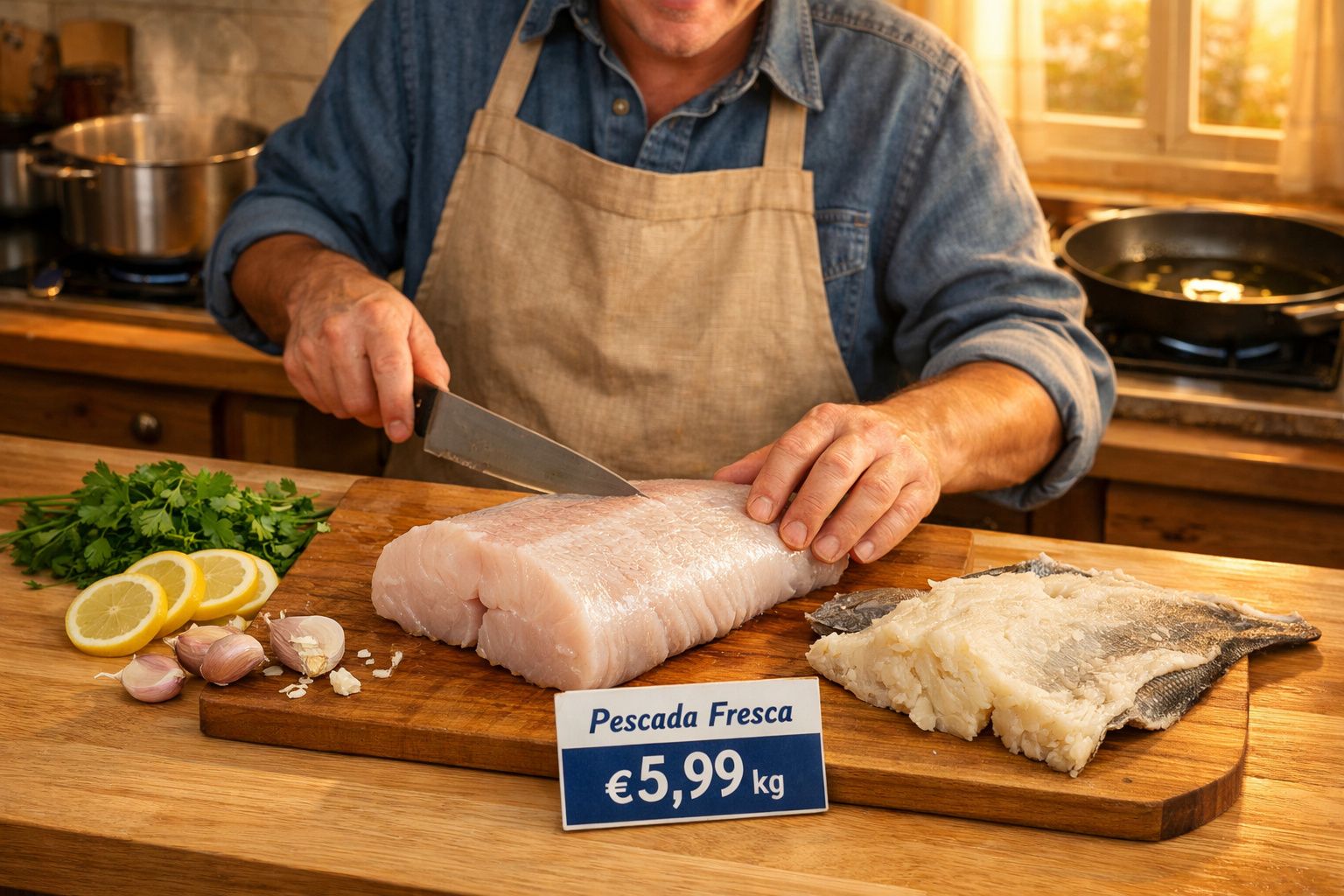 Pessoa a cortar posta de pescada fresca numa tábua de madeira com alho, limão e salsa ao lado.