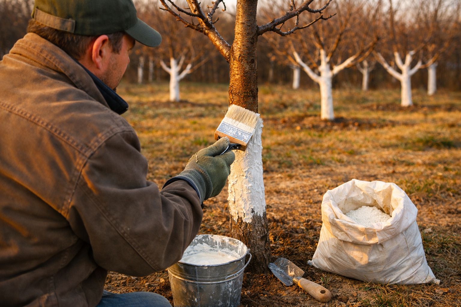 Homem a pintar o tronco de uma árvore com tinta branca numa plantação ao entardecer.