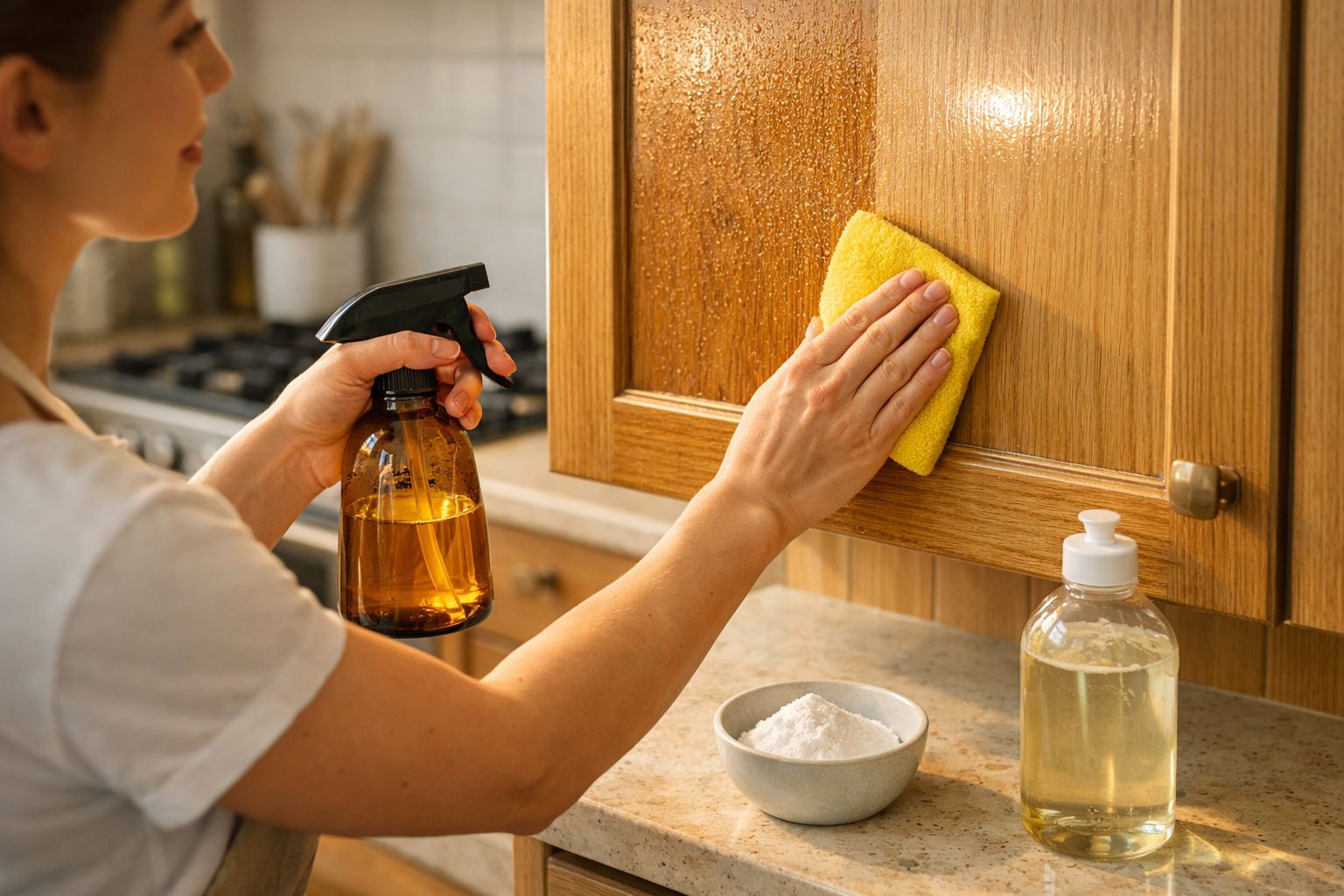 Pessoa a limpar armário de cozinha em madeira com spray e esponja amarela, com detergente e bicarbonato na bancada.