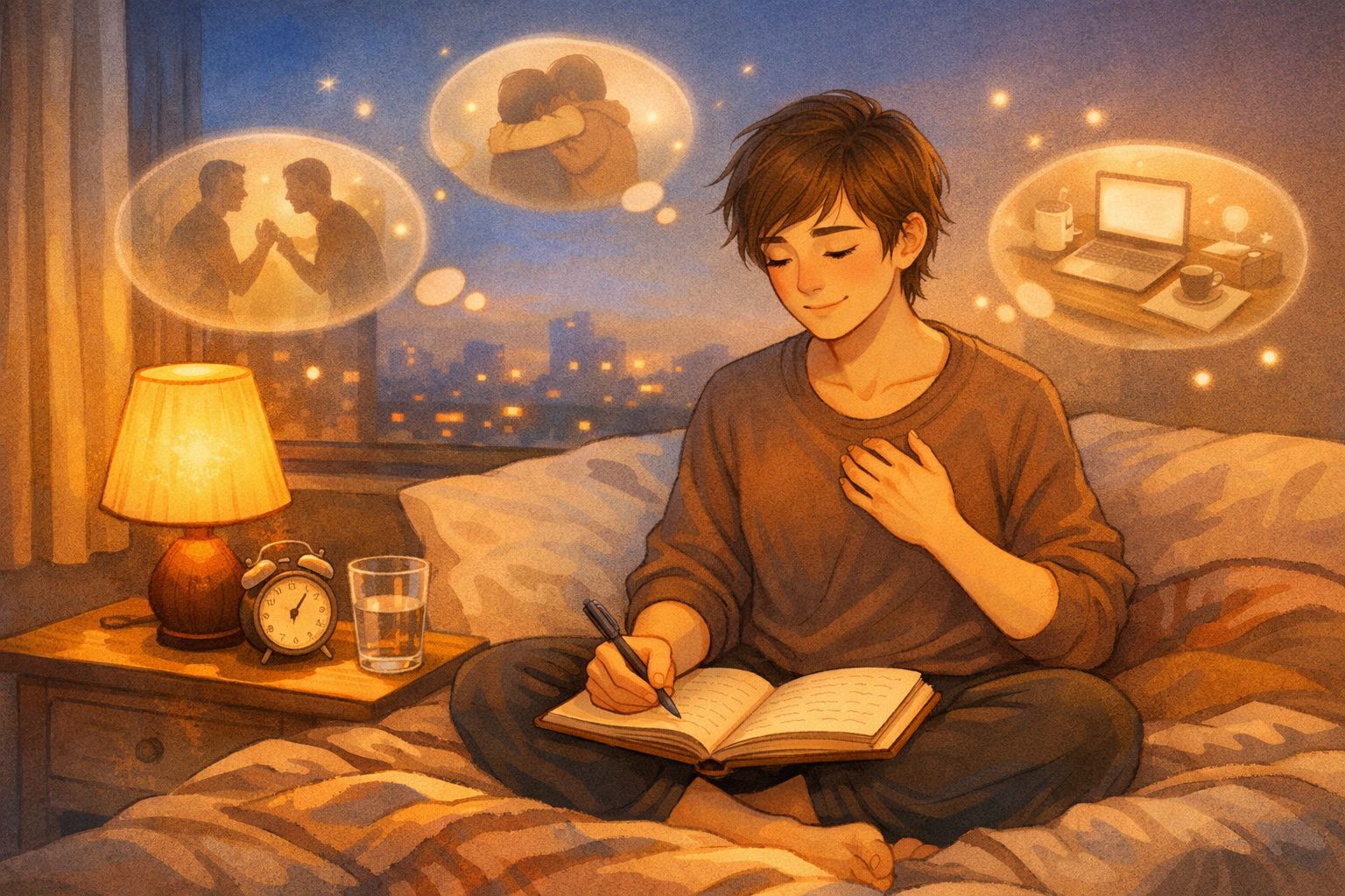 Pessoa sentada na cama a escrever num diário, rodeada por pensamentos sobre relacionamentos e trabalho, à noite.