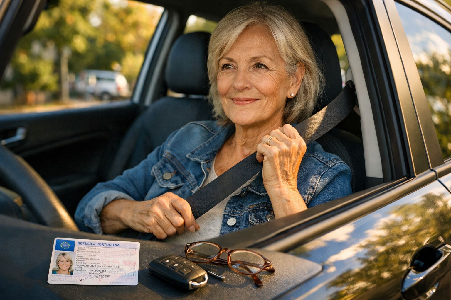Mulher sénior com casaco azul a colocar cinto de segurança dentro de carro estacionado ao sol.