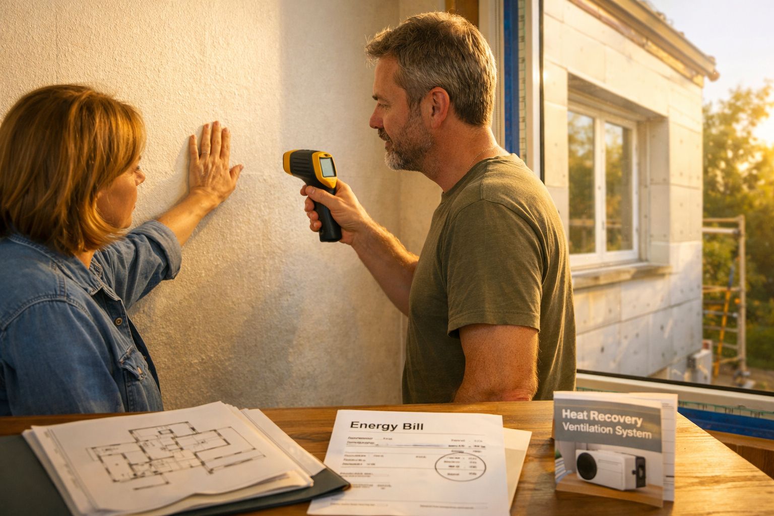 Homem mede temperatura de parede com termómetro, mulher observa, com plantas e documentos sobre energia na mesa.