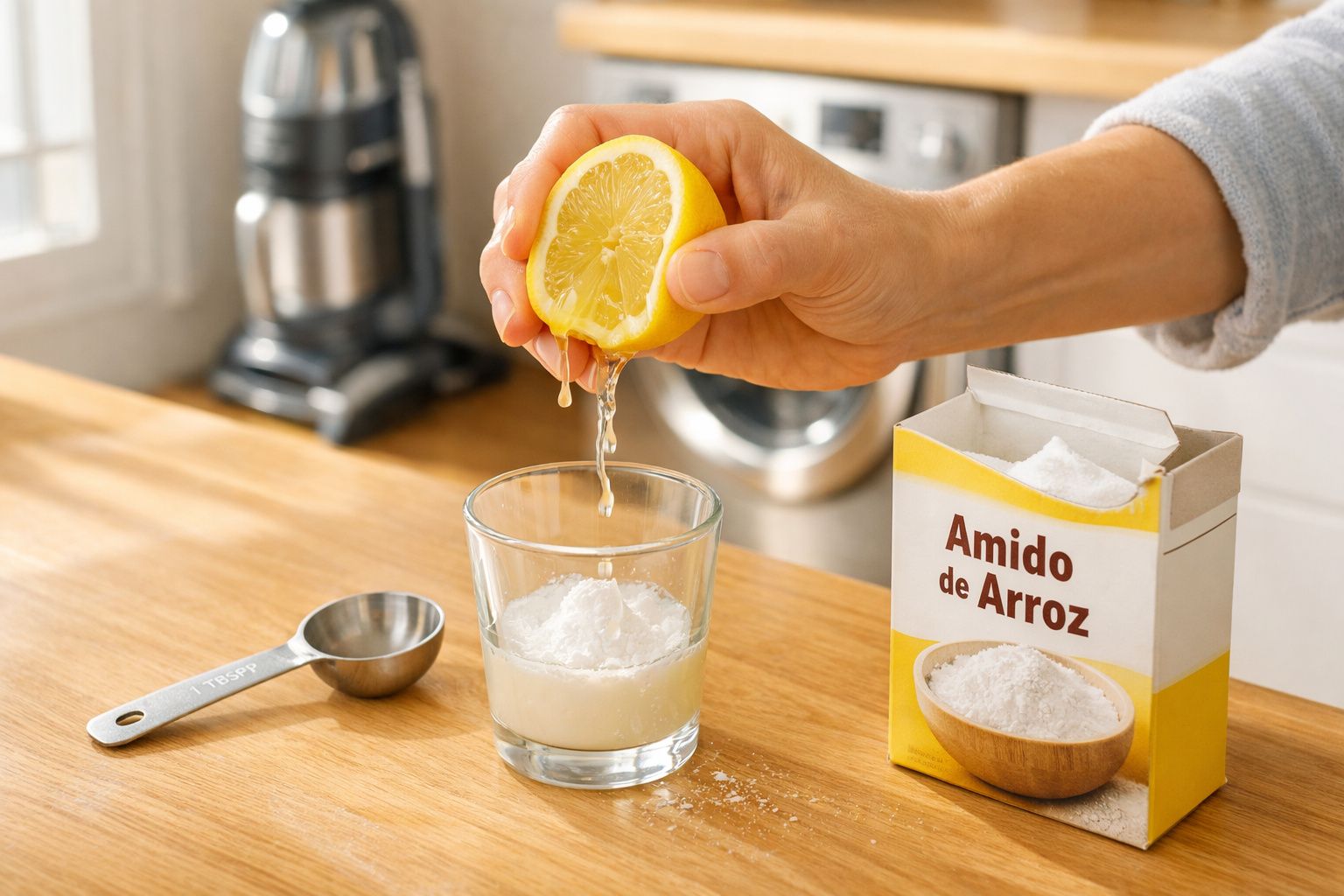 Mão a espremer sumo de limão num copo com amido de arroz na bancada de cozinha de madeira.
