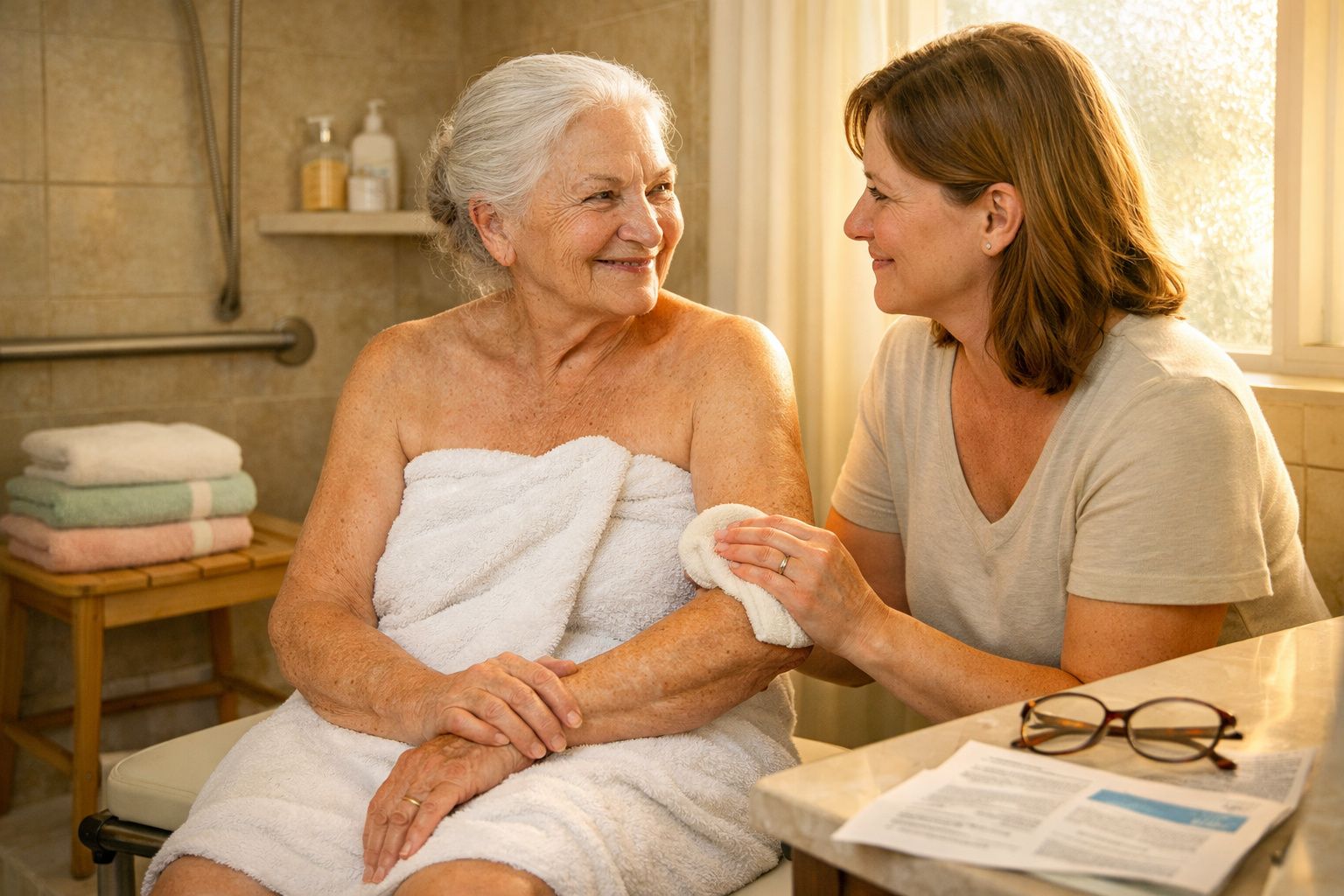 Mulher mais jovem ajuda idosa a limpar o braço com algodão, ambas sorrindo num ambiente acolhedor.