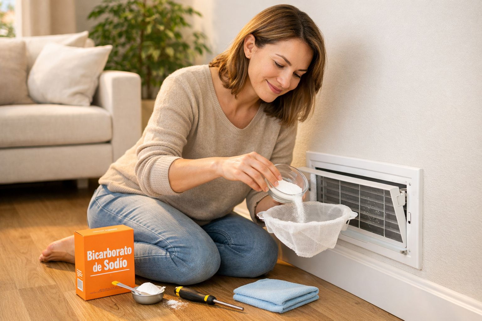 Mulher a aplicar bicarbonato de sódio num filtro junto a uma ventoinha na parede de uma sala.