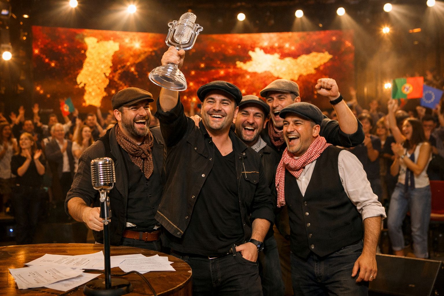 Grupo de homens felizes a celebrar com troféu num palco, multidão aplaude ao fundo.