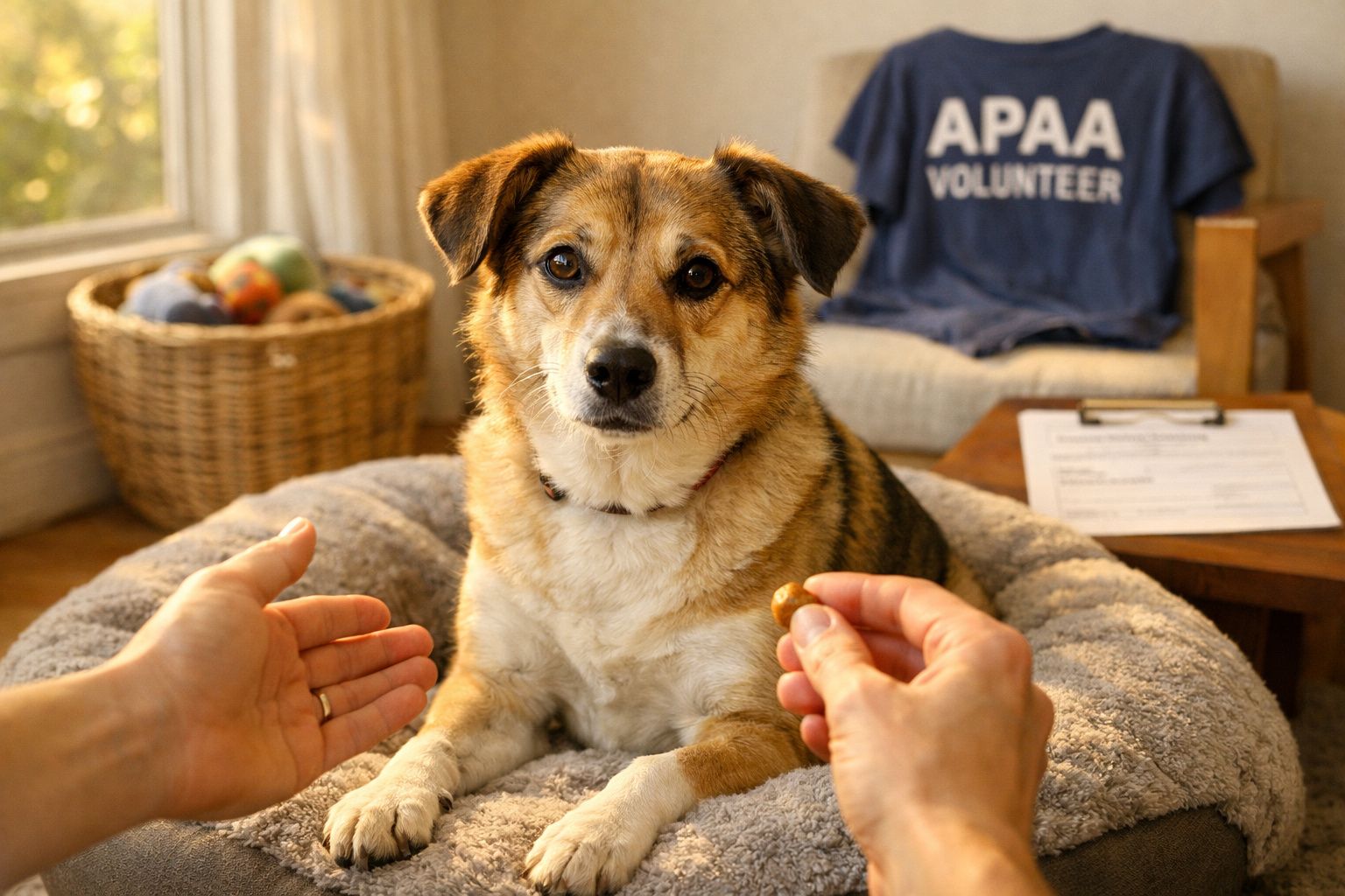 Cão castanho e branco numa cama para cães, com mãos oferecendo uma recompensa, interior de casa iluminado.