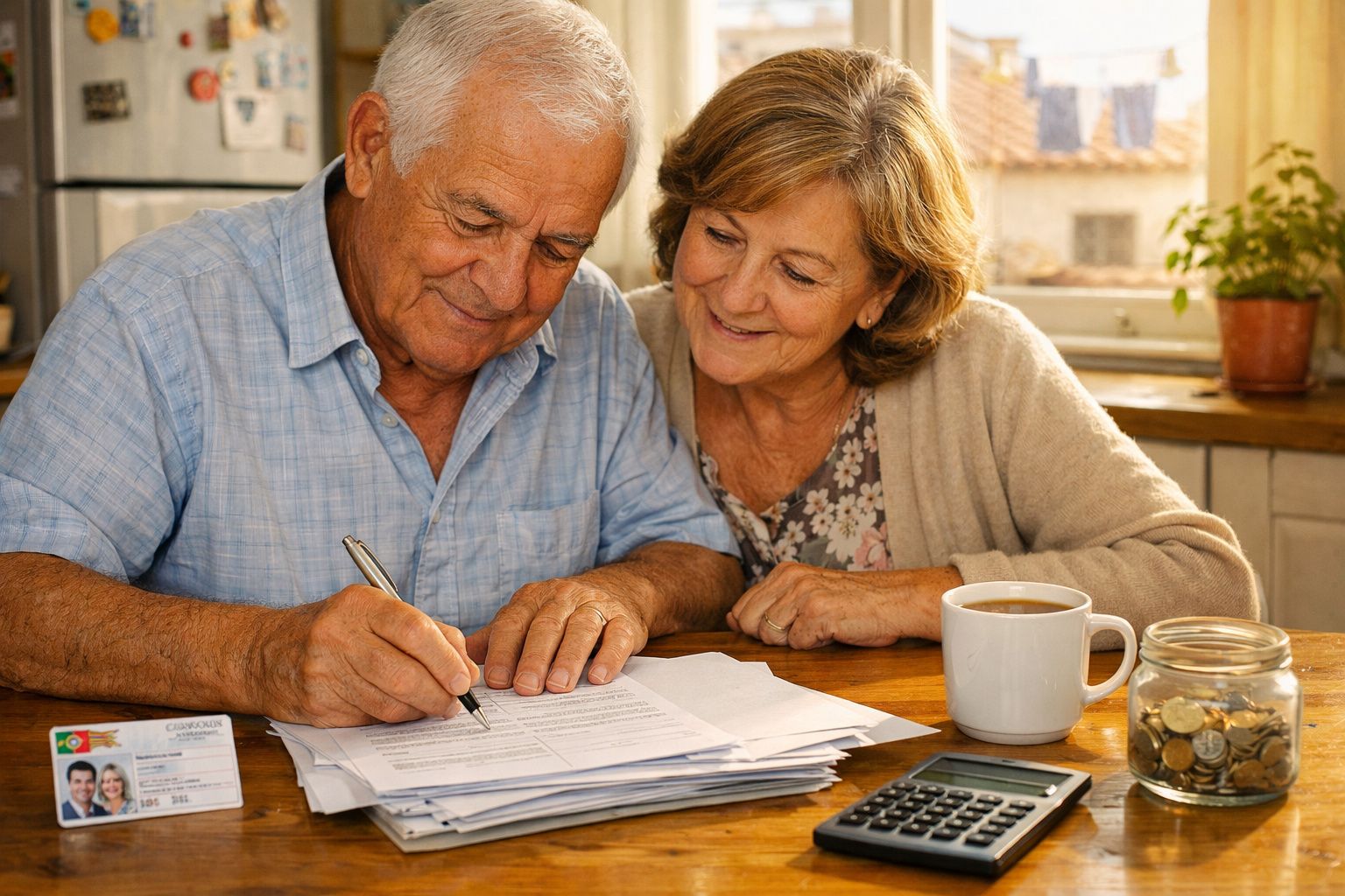 Casal sénior assina documentos em casa, com calculadora, jarro de moedas e bebida na mesa à sua frente.