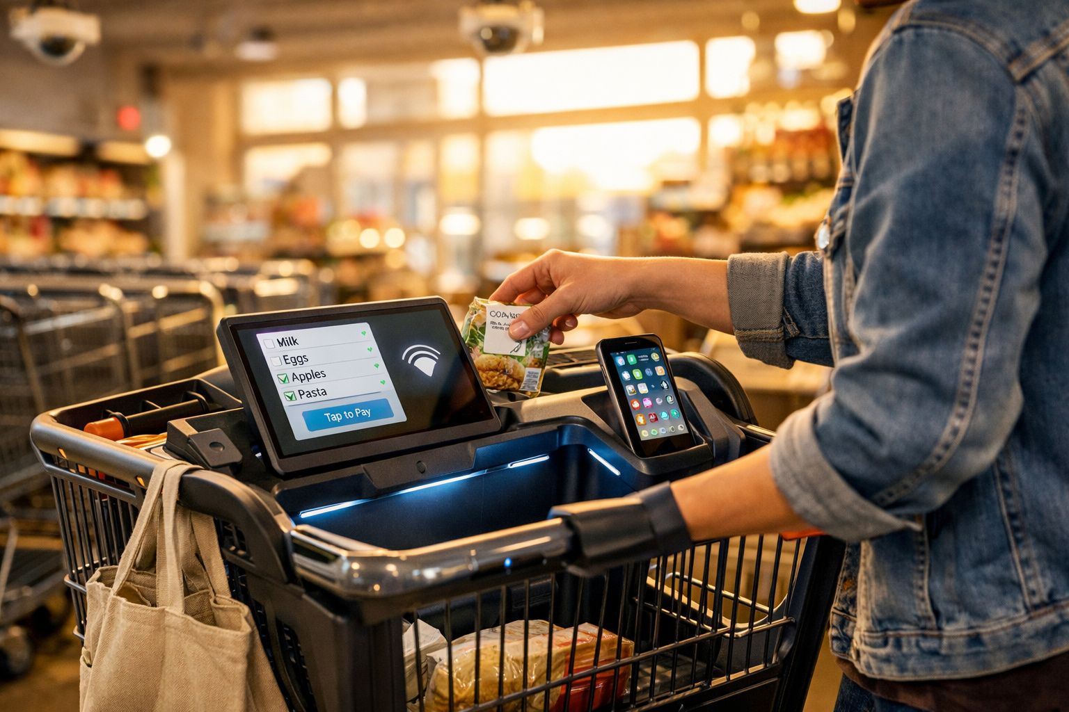 Carrinho de supermercado moderno com ecrã tátil e leitor de código, usado por pessoa a pagar contacto.