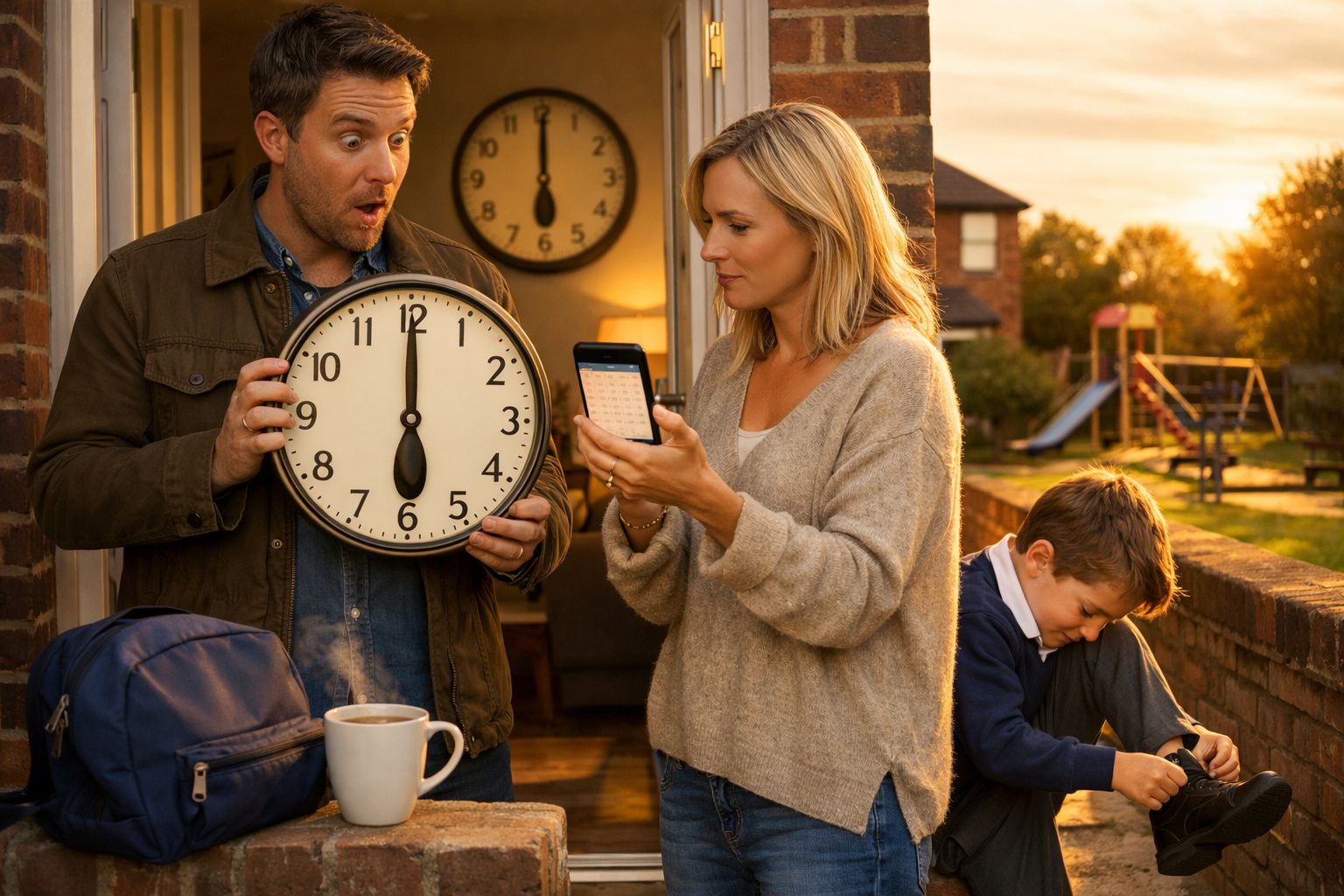 Homem surpreendido com relógio, mulher usa telemóvel e criança amarra sapatos ao ar livre ao pôr do sol.