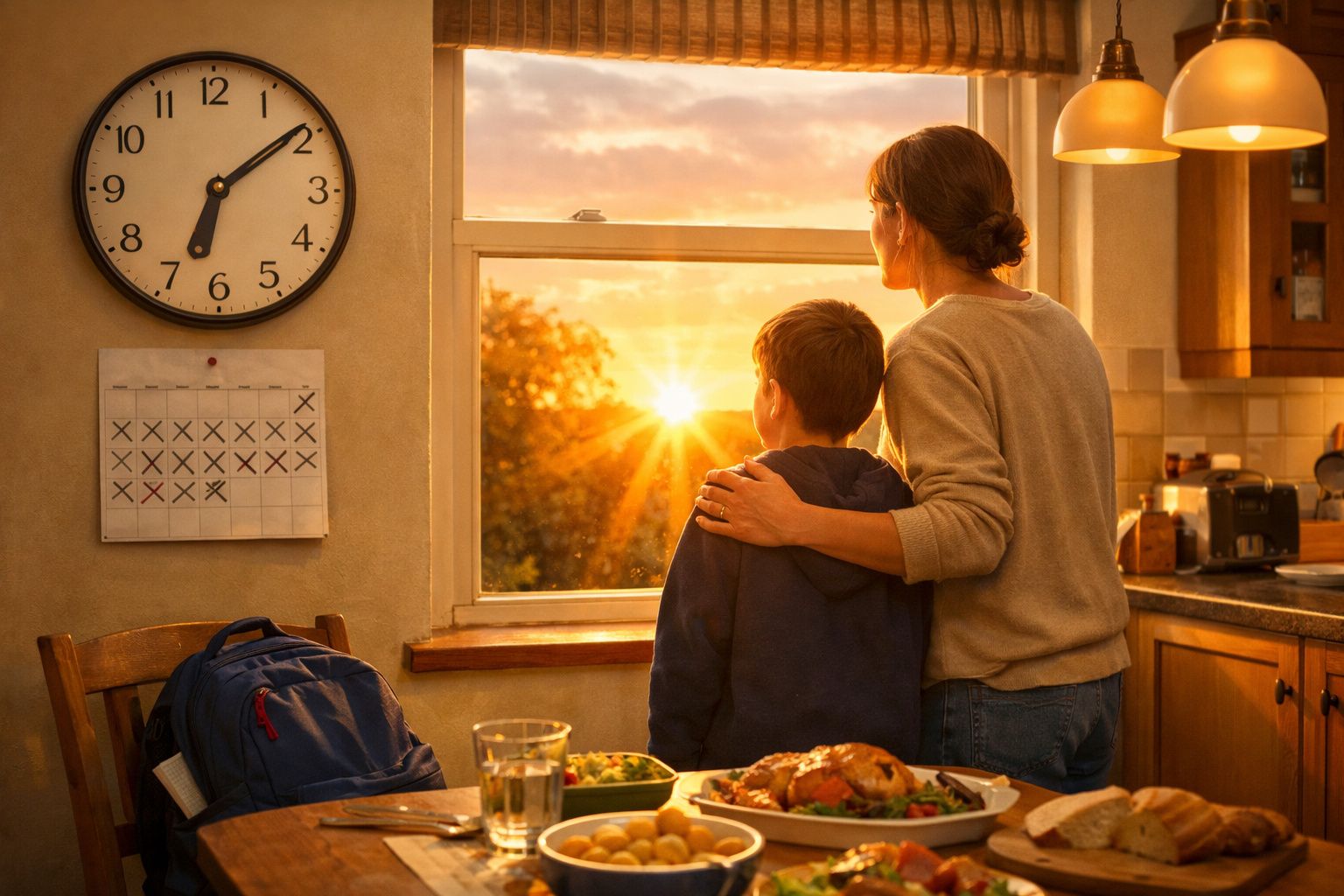 Mãe e filho abraçados a olhar o pôr do sol na cozinha, com comida e mochila na mesa ao lado.