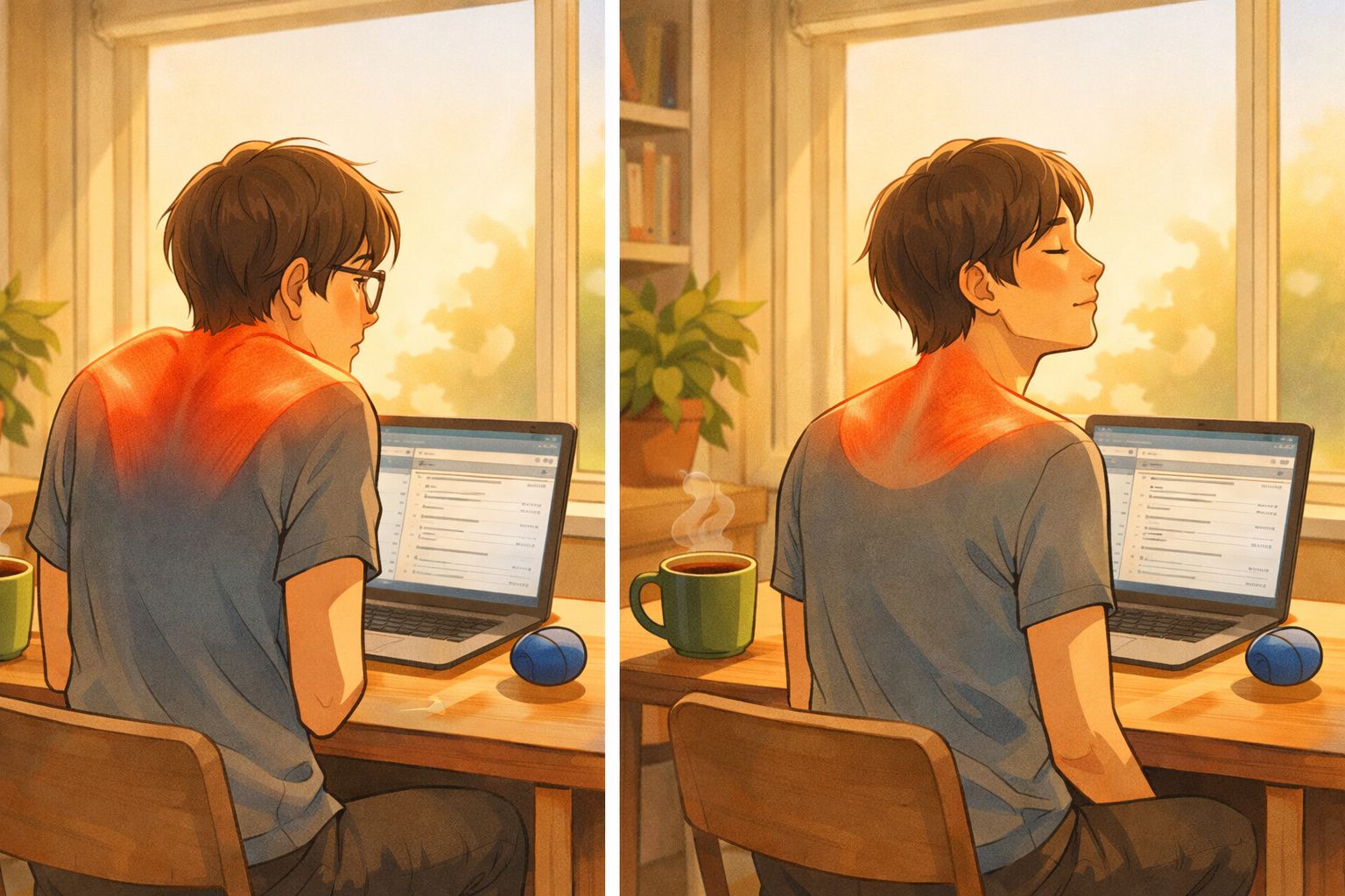 Jovem sentado numa secretária com laptop, a aliviar tensão no pescoço e ombros num ambiente iluminado.