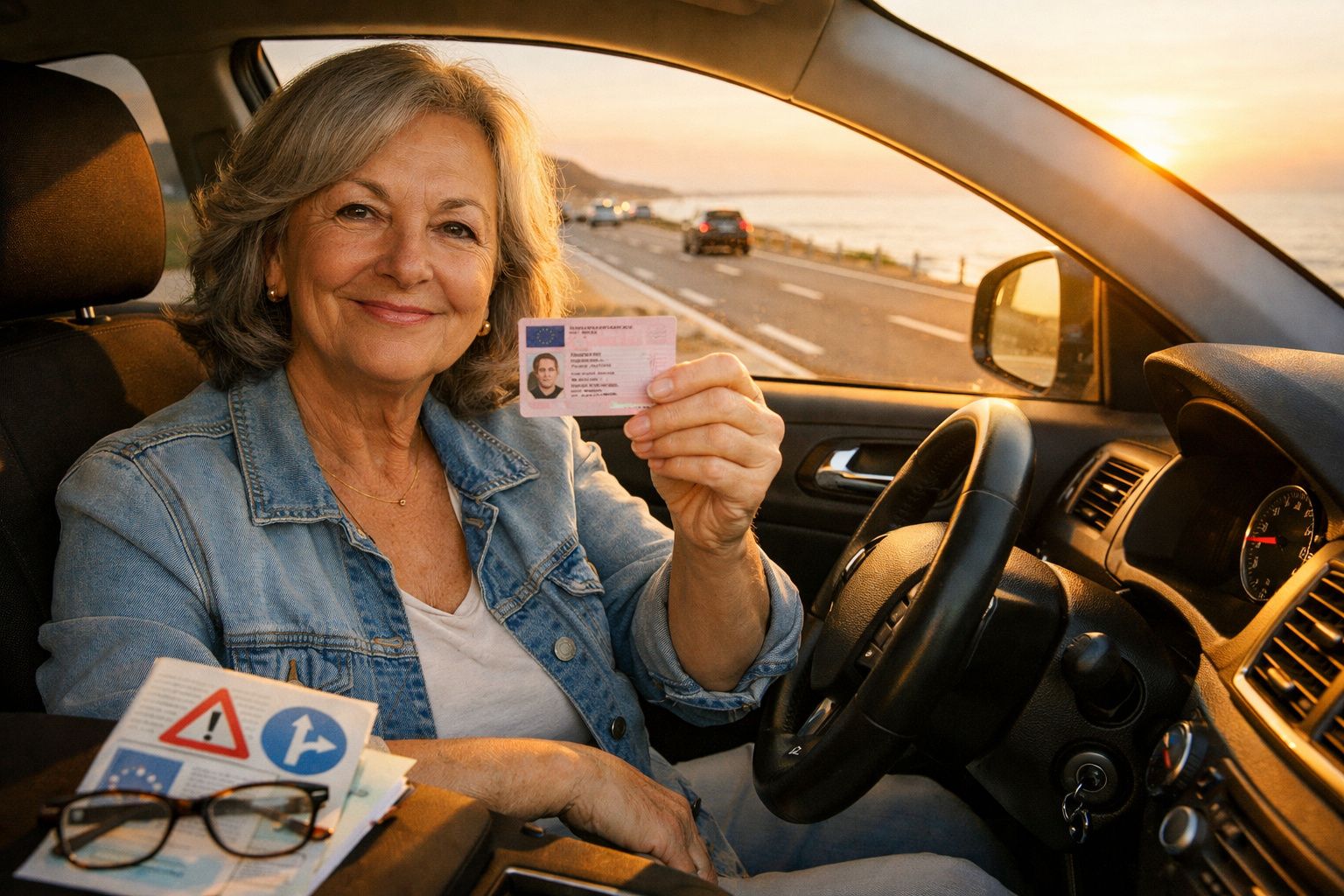 Mulher sorridente sentada no carro a mostrar a carta de condução junto ao mar ao pôr do sol.