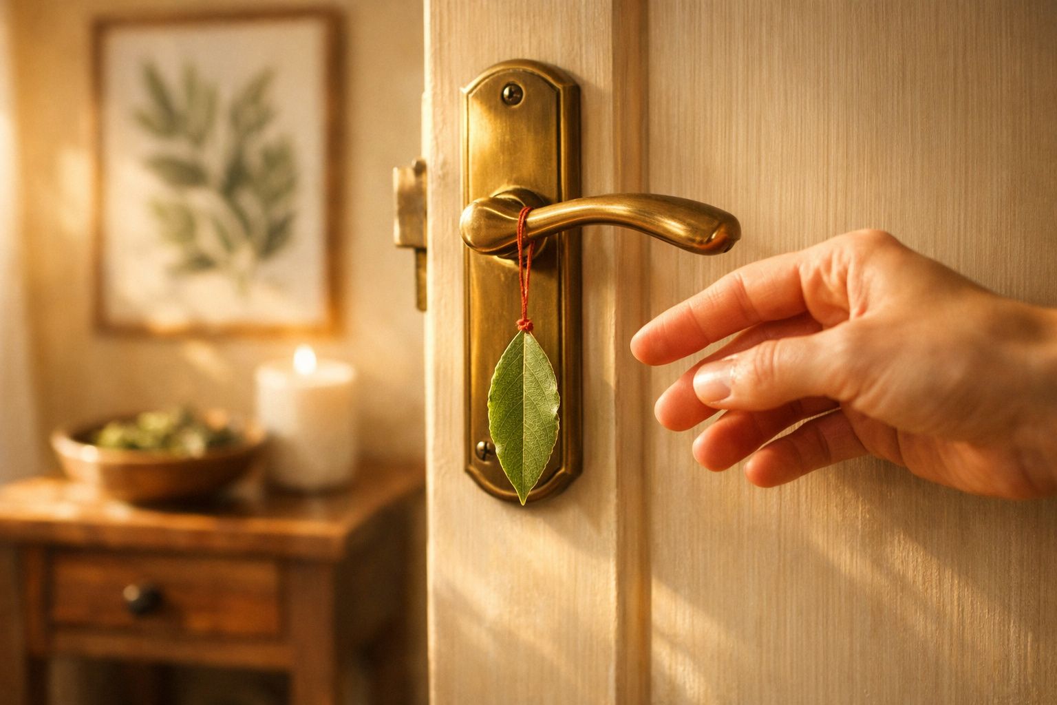 Mão a abrir porta com maçaneta dourada decorada por folha pendurada numa sala acolhedora com vela acesa.