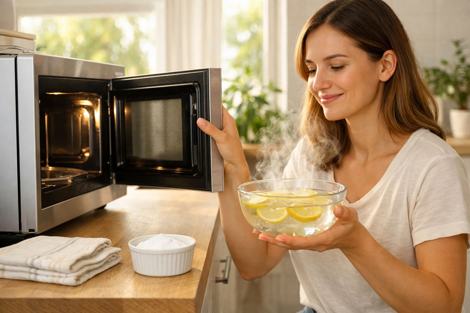 Mulher com sorriso a segurar tigela com água e limão vaporizando junto a micro-ondas aberto.