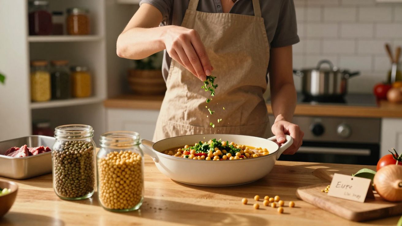 Pessoa a temperar grão-de-bico numa panela na cozinha com frascos de especiarias e ingredientes à volta.