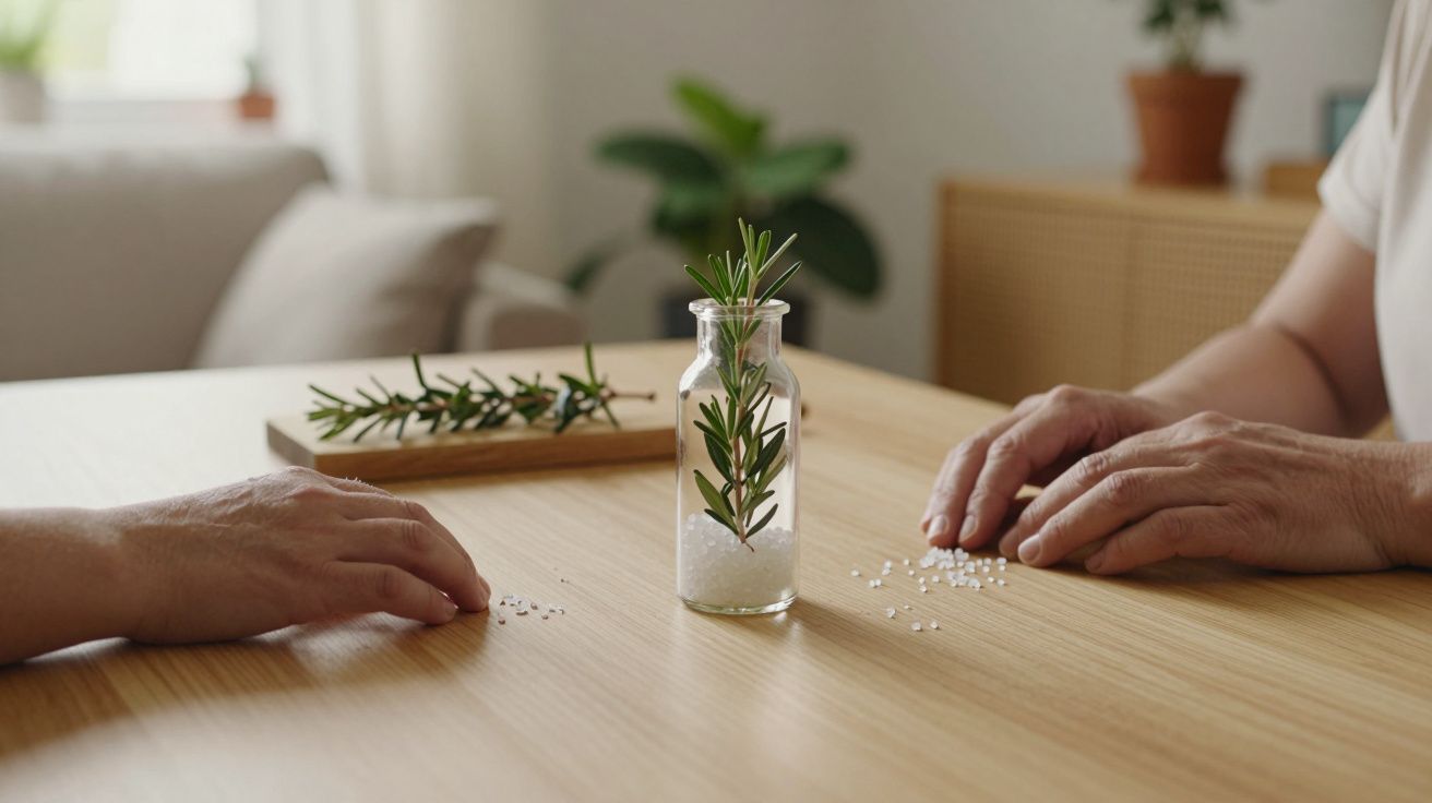 Duas mãos sobre mesa de madeira com vidrinho e ramo de alecrim no centro, ambiente tranquilo e iluminado.