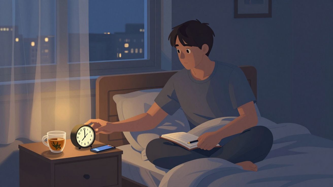 Pessoa sentada na cama a apagar um relógio despertador, com livro e chá numa mesa de cabeceira à noite.
