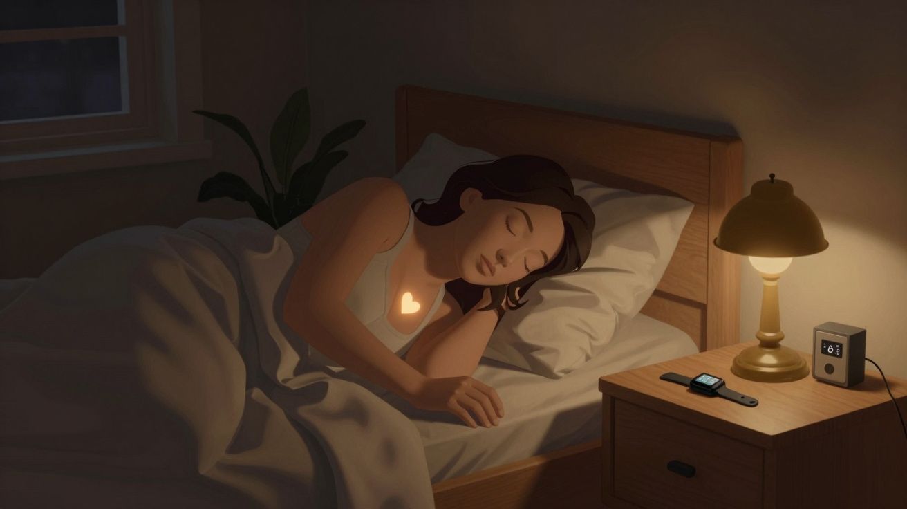 Mulher a dormir numa cama com um coração luminoso no peito e um abajur ligado ao lado.