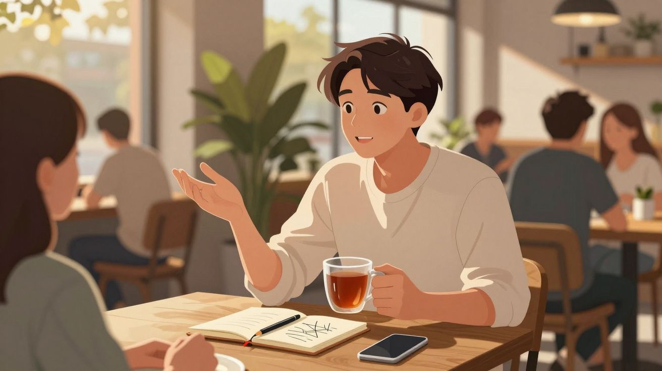 Jovem a conversar animadamente com uma pessoa num café, com chá, telemóvel e caderno na mesa.