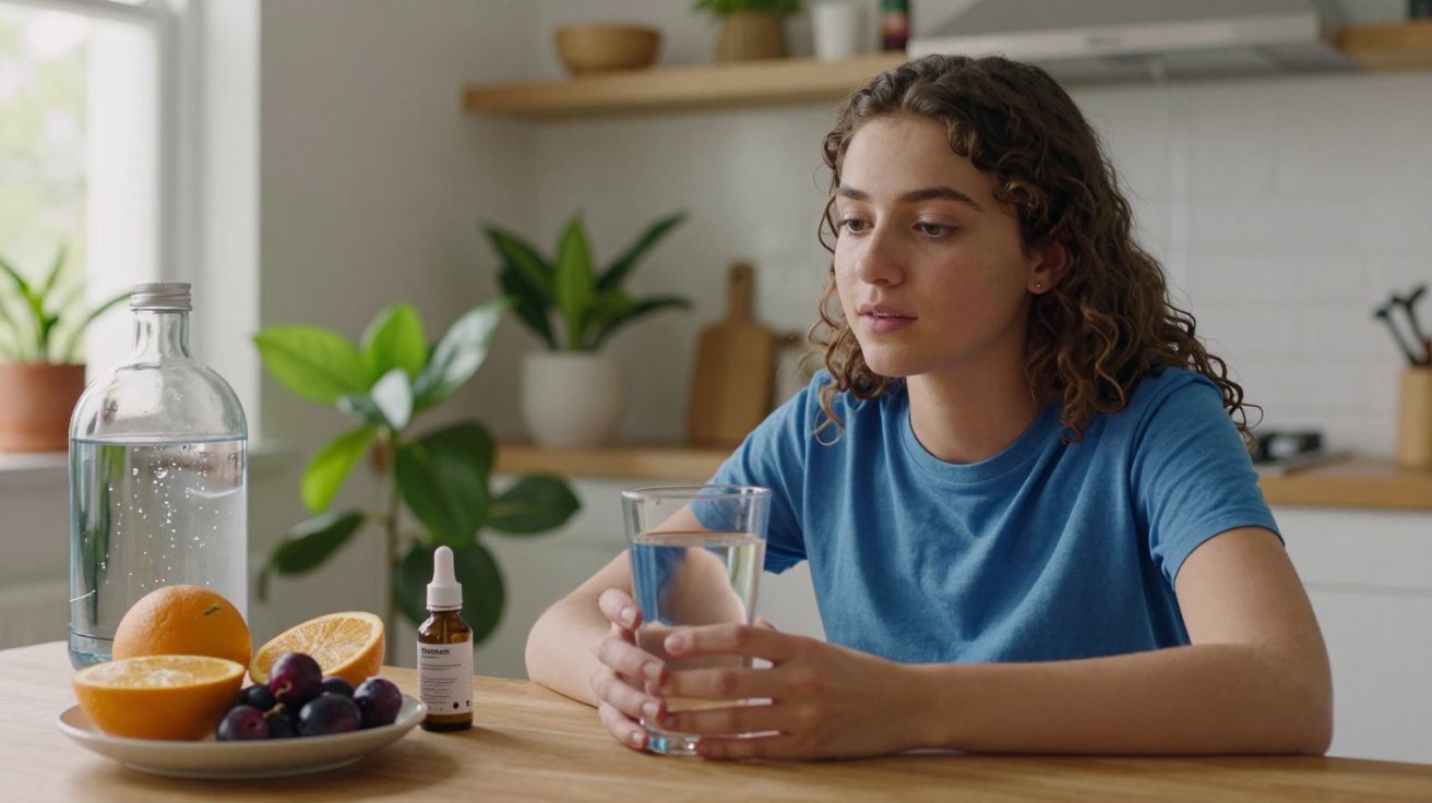 Jovem sentada à mesa segura um copo de água, com frutas e um frasco de suplemento à sua frente na cozinha.