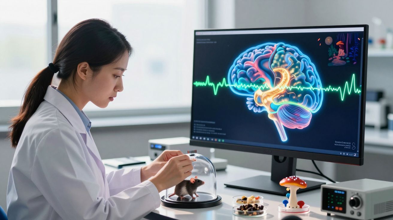 Cientista em laboratório manipula rato sob campânula, com imagem digital de cérebro e eletrocardiograma no ecrã.
