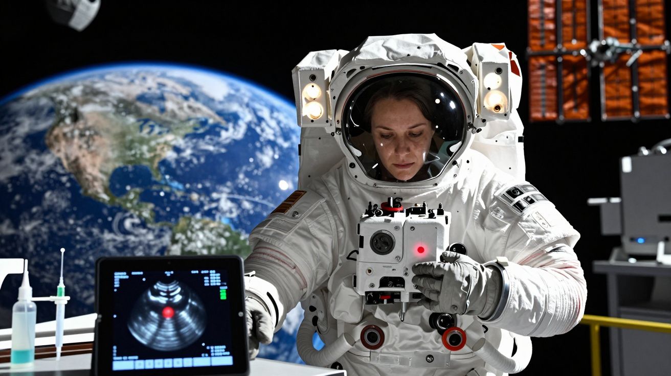 Astronauta mulher em fato espacial a operar equipamento tecnológico no espaço, com a Terra visível ao fundo.
