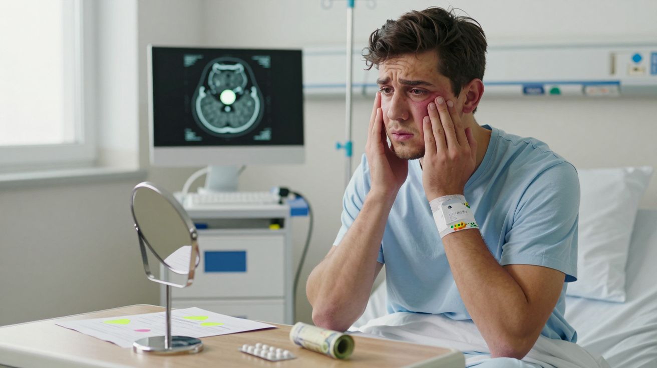 Homem no hospital com expressão preocupada, sentado na cama, segurando o rosto com as mãos.