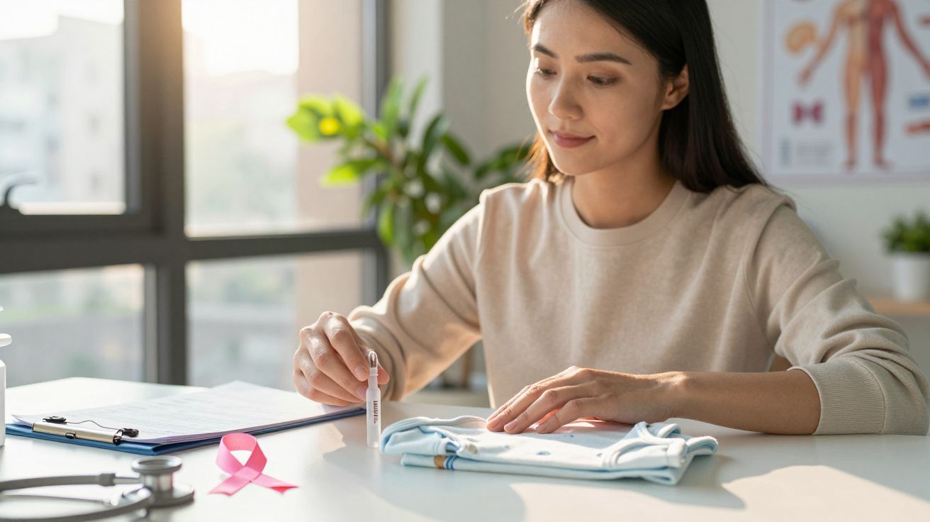 Mulher jovem sentada à mesa com fita rosa de consciencialização do cancro e amostra de sangue para teste.