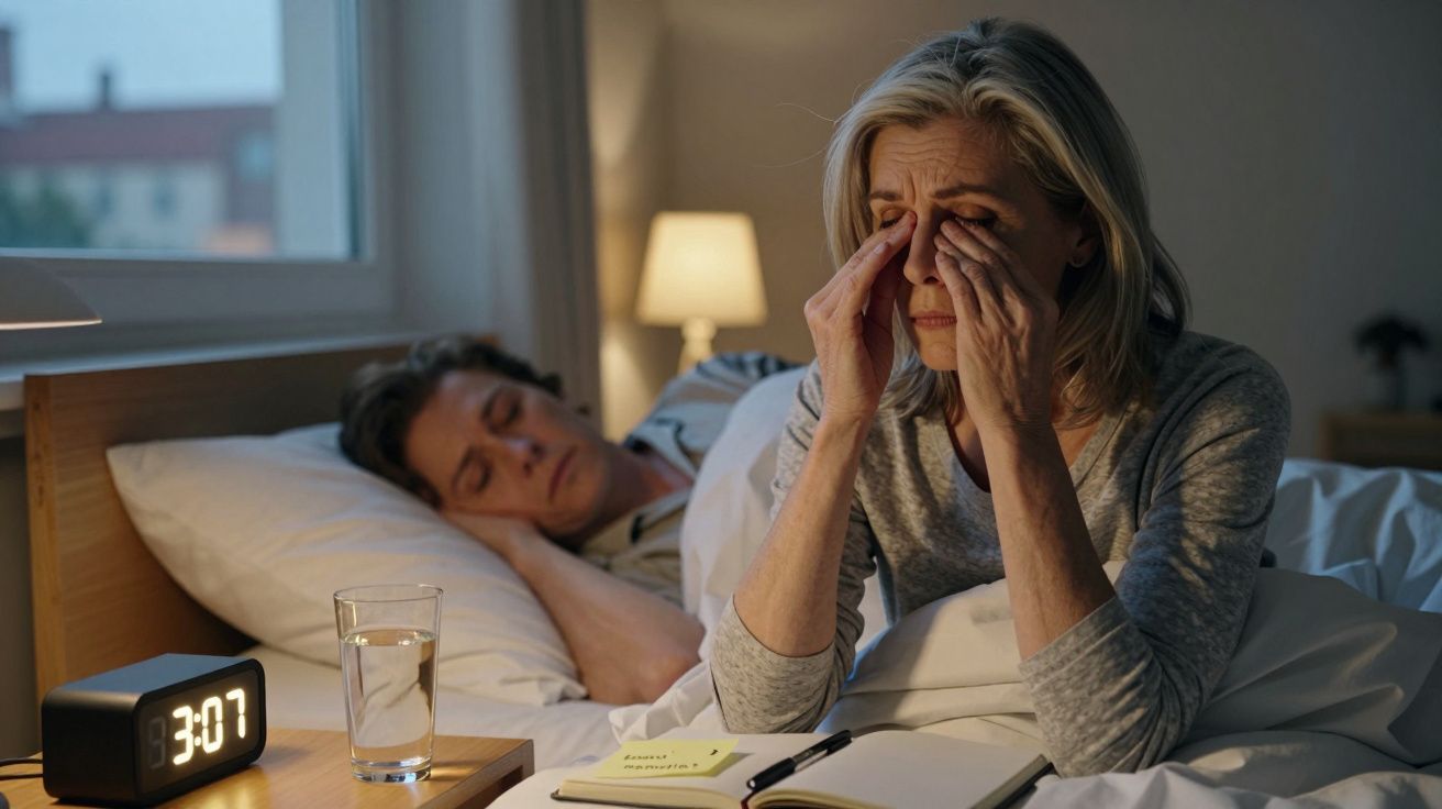 Mulher cansada a massajar os olhos na cama, homem a dormir ao fundo, relógio marca 3:07 da manhã.