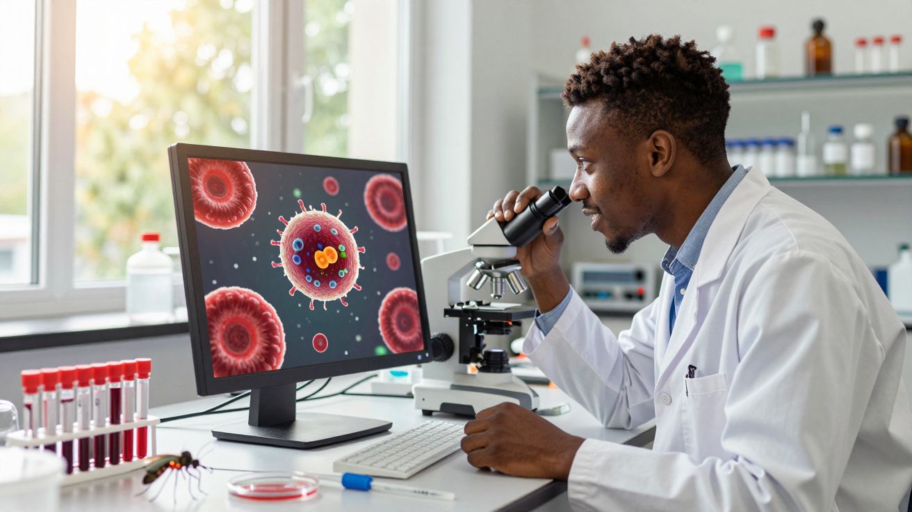 Homem em bata branca observa vírus no microscópio num laboratório moderno com amostras e monitor.