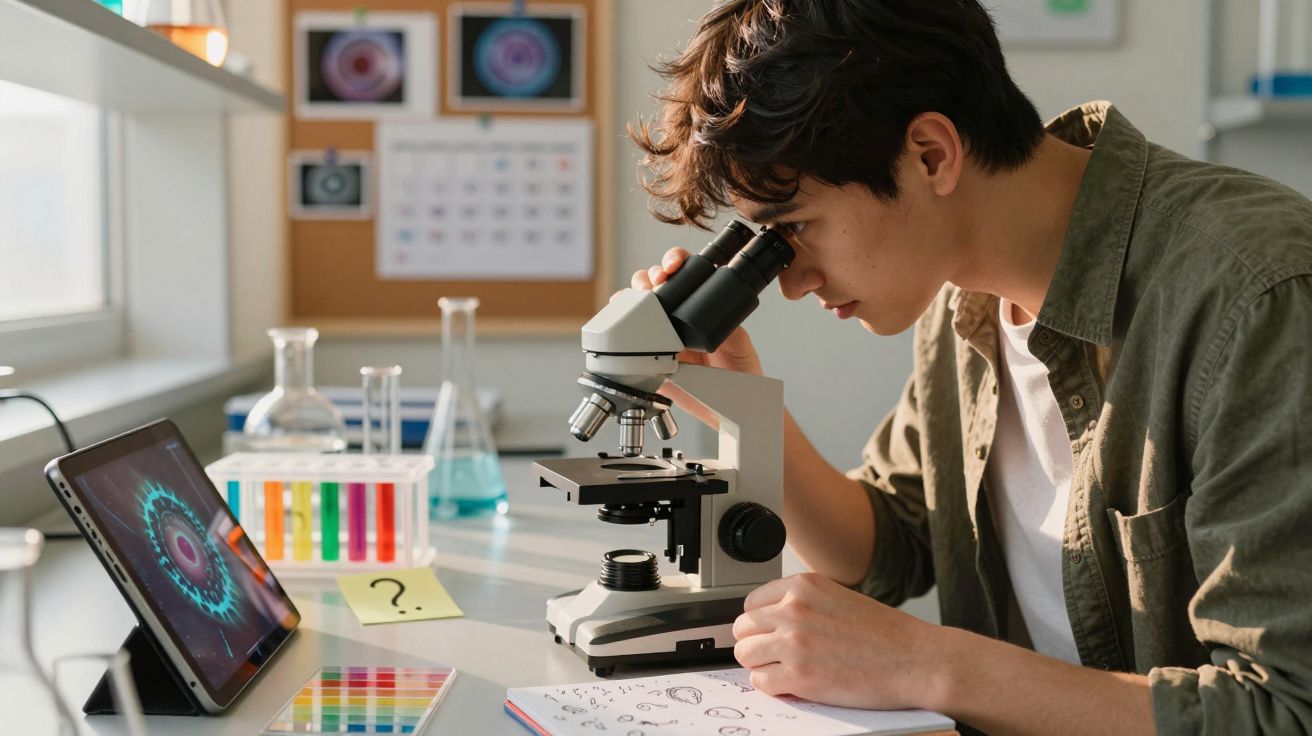 Jovem cientista observa amostra ao microscópio num laboratório com tablet e tubos de ensaio coloridos.