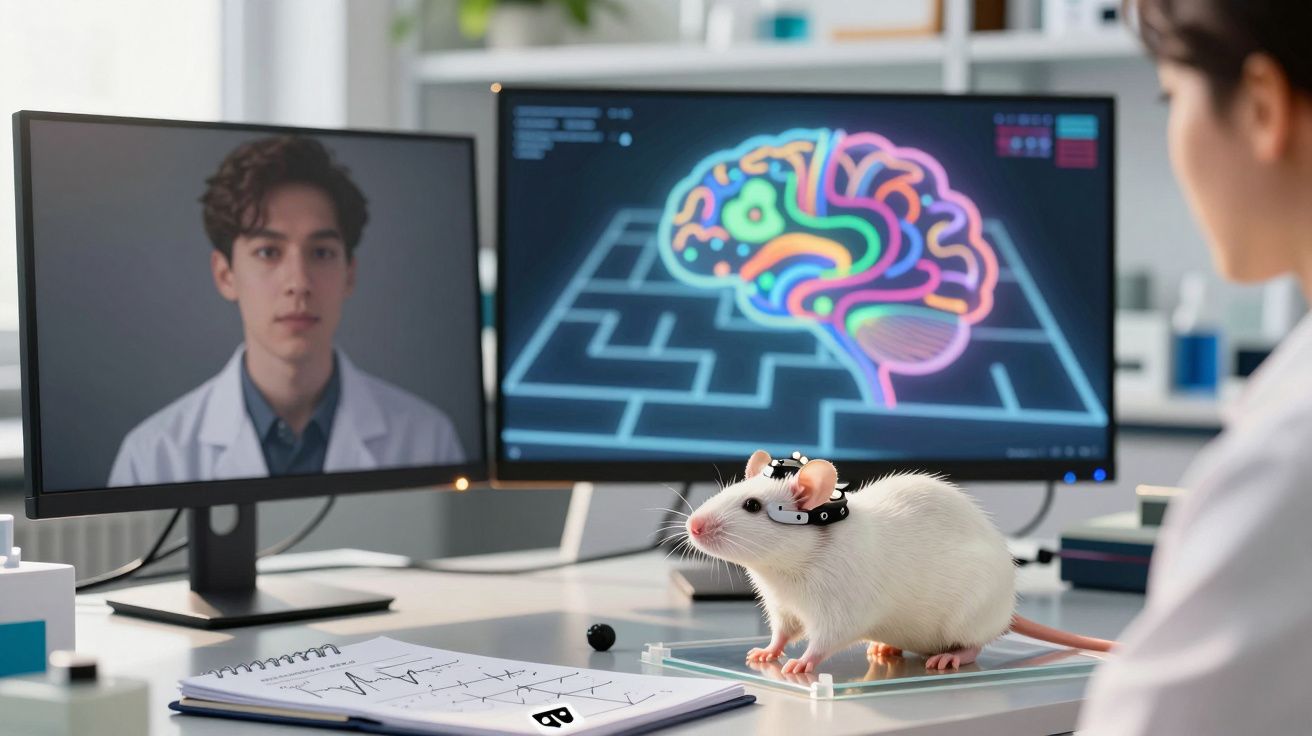 Rato de laboratório com monitorização cerebral numa mesa, frente a uma investigadora e dois ecrãs, um deles com cérebro color
