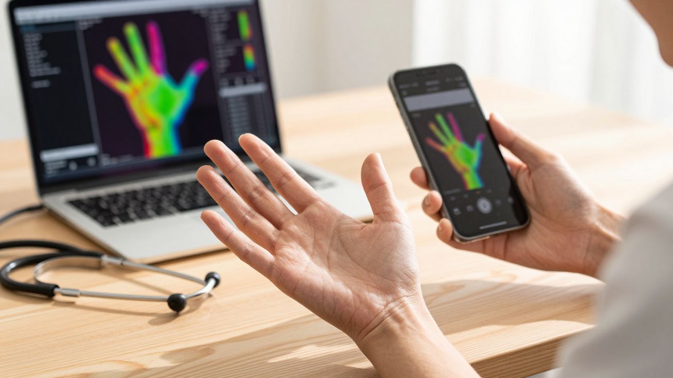 Pessoa a usar smartphone para capturar imagem térmica da mão, com computador e estetoscópio na mesa.