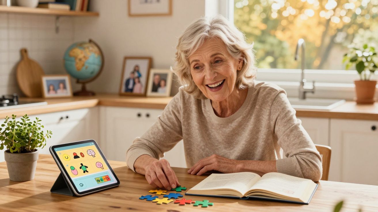 Mulher sénior sorridente a montar puzzle na cozinha com tablet e livro aberto à frente.