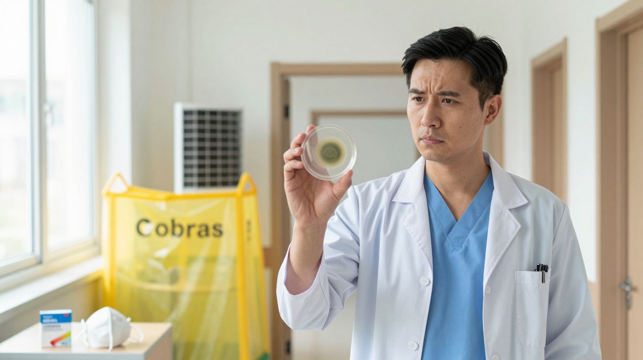 Cientista de jaleco branco analisa placa de petri num laboratório iluminado por janela grande.