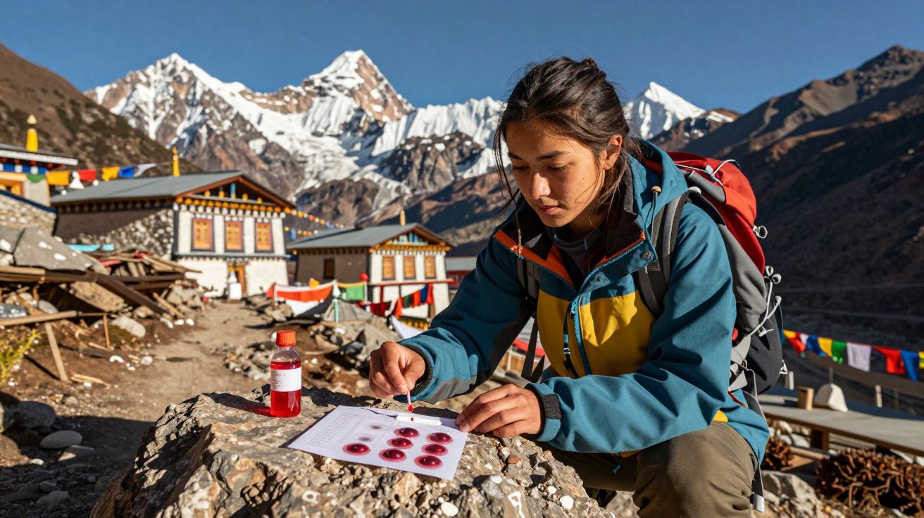 Mulher sentada em montanha nevada faz exame científico com gotas vermelhas sobre pedra.