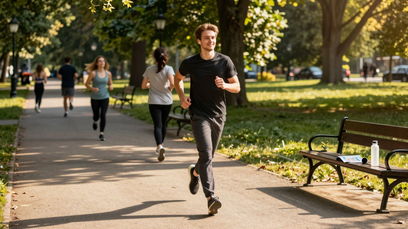 Pessoas a correr num parque junto a bancos de jardim e árvores ao final da tarde com sol.