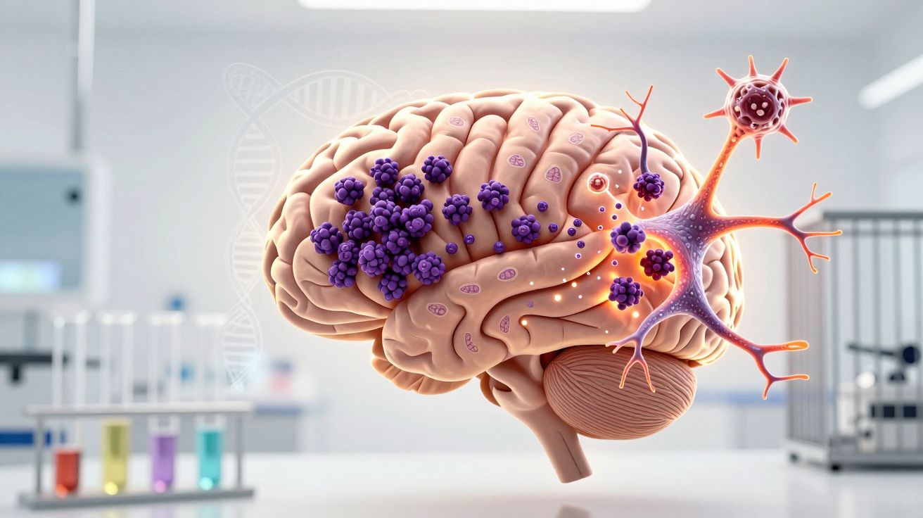Ilustração 3D de cérebro com células roxas e neurónios em laboratório científico desfocado.