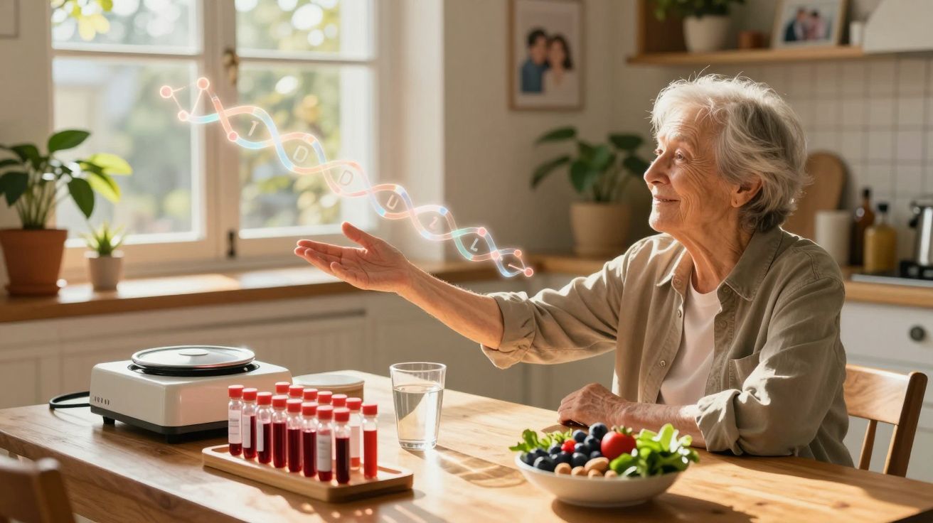 Mulher idosa sorridente sentada à mesa com amostras de sangue e ilustração de ADN flutuante na cozinha iluminada.