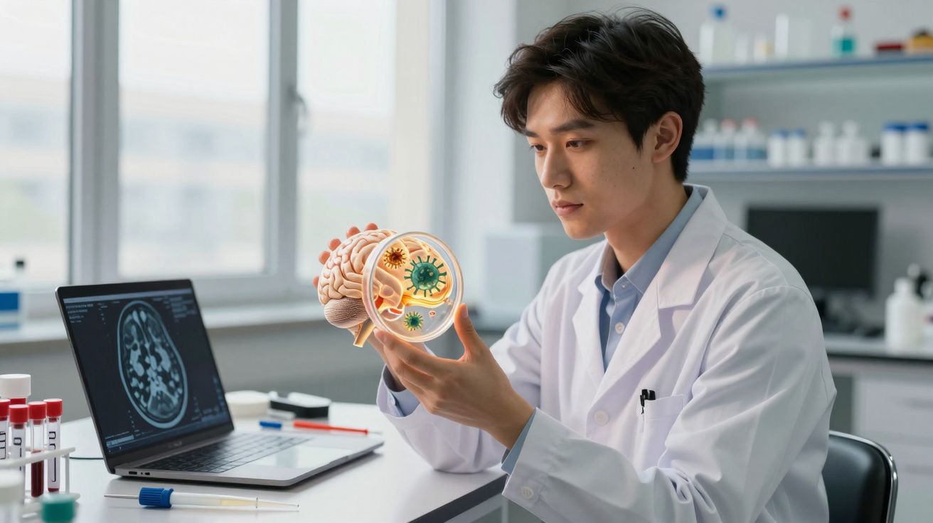 Cientista analisa modelo de cérebro com ilustração digital de vírus, num laboratório moderno e iluminado.