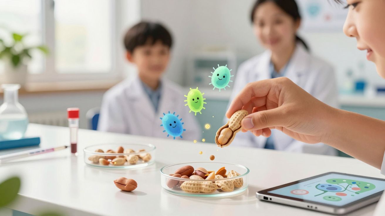 Cientistas em laboratório analisam amendoins com vírus ilustrados a flutuar digitalmente em cima da mesa.