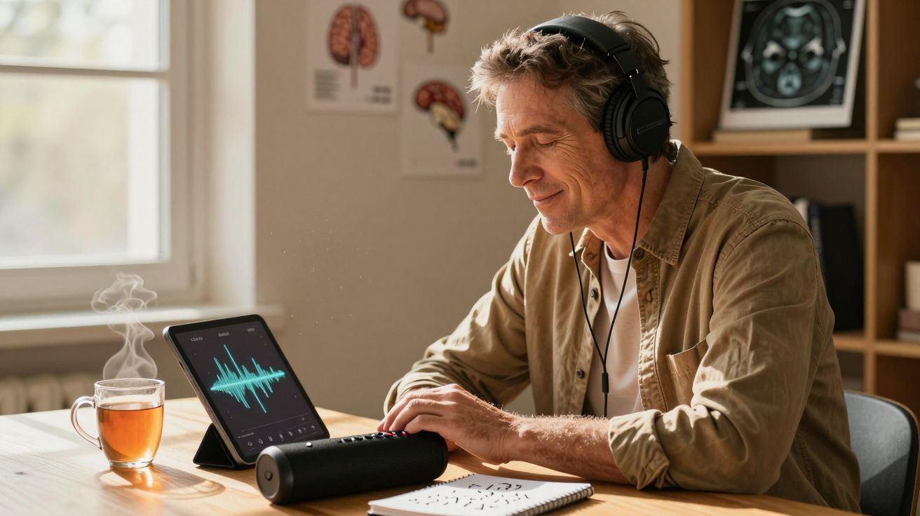 Homem a ouvir música com auscultadores, sentado à mesa com tablet, coluna e chá quente num ambiente iluminado pela janela.