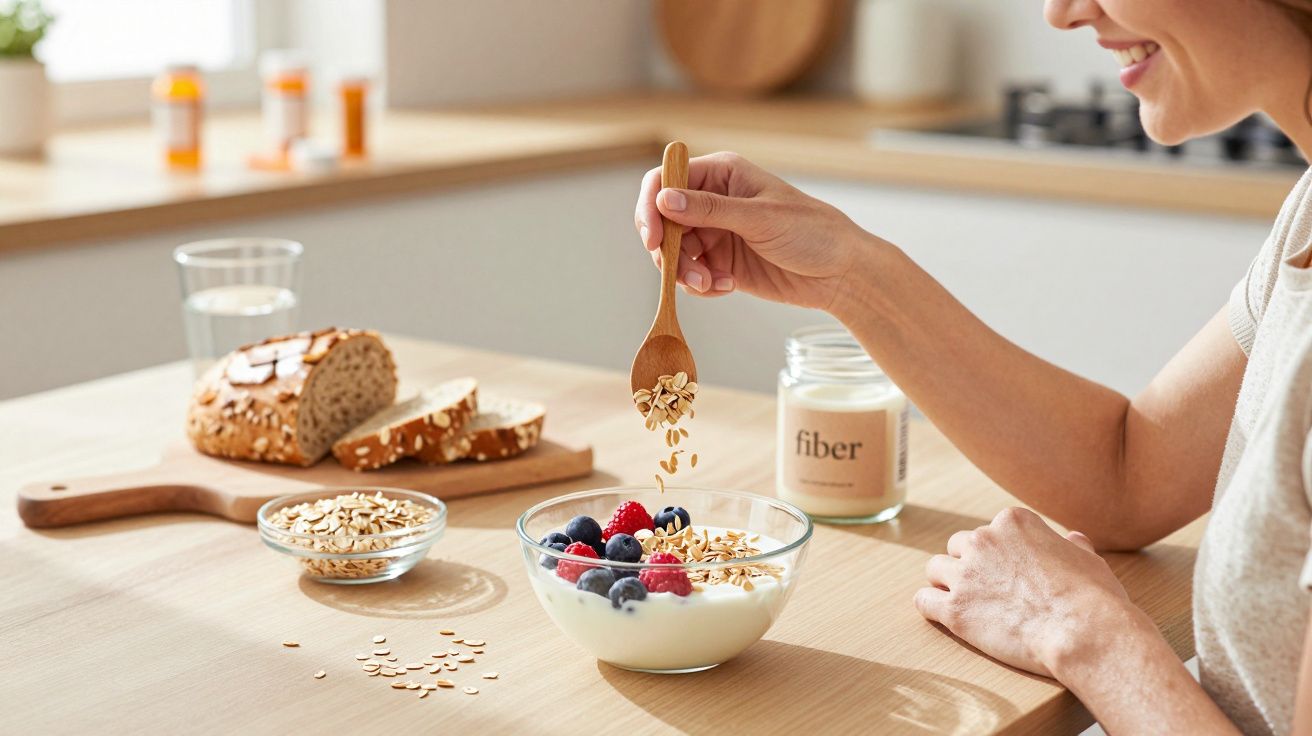 Pessoa a colocar flocos de aveia e frutos vermelhos numa taça com iogurte numa cozinha moderna.