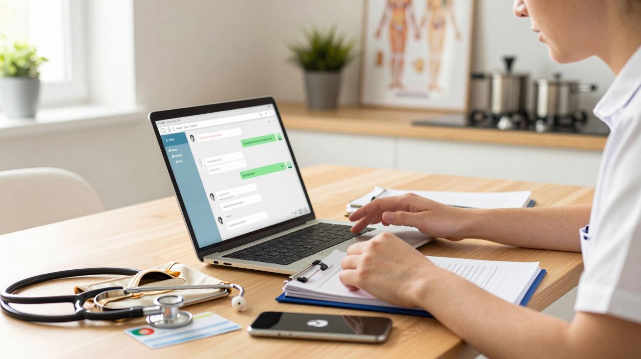 Profissional de saúde a usar laptop para consulta online, com estetoscópio e documentos numa mesa de madeira.