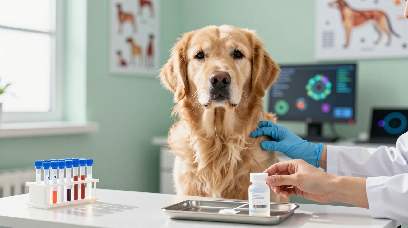 Cão Golden Retriever numa consulta veterinária, com tubos de ensaio e medicamentos na mesa à sua frente.