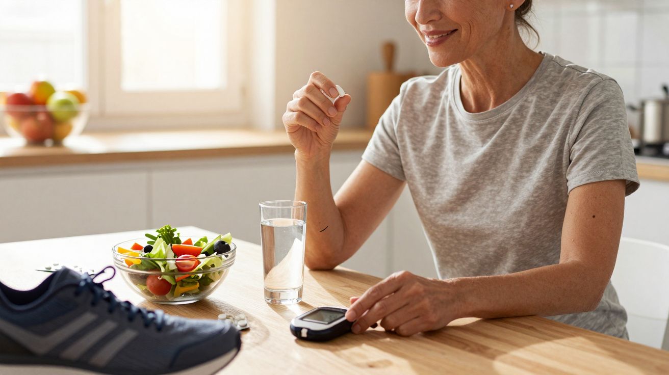 Mulher a medir glicose com aparelho, ao lado de uma salada, copo de água e ténis desportivo na mesa.